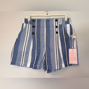 Striped Blue Linen-Blend Shorts